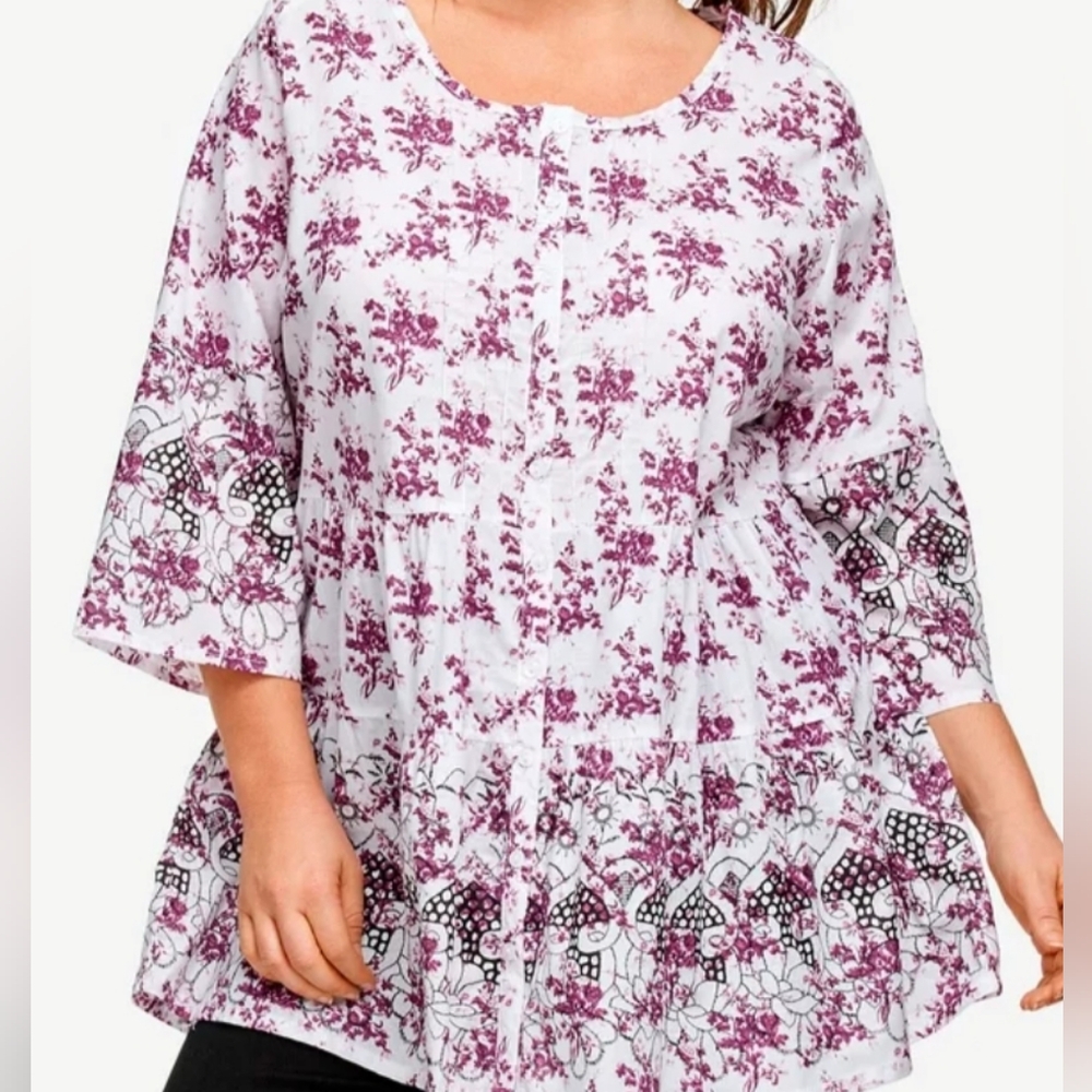 ellos White and Plum Floral Tiered Peasant Tunic